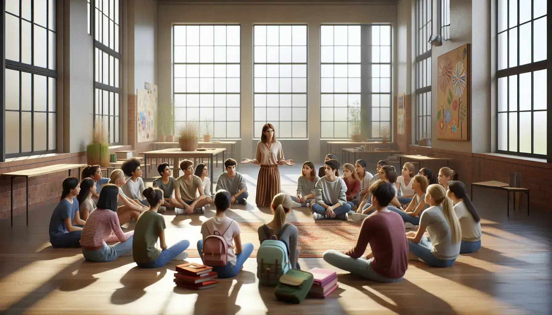 Grupo diverso de estudiantes atentos y profesora comunicativa en aula iluminada con ventanas grandes y decoración colorida.