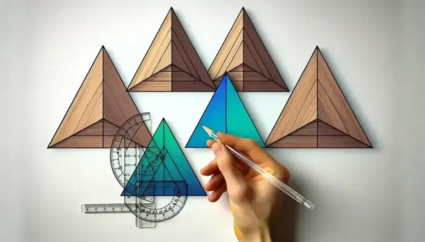 Equilateral blue triangles demonstrating congruence, gradient green triangles showing similarity, hand measuring wooden triangle with ruler and protractor.