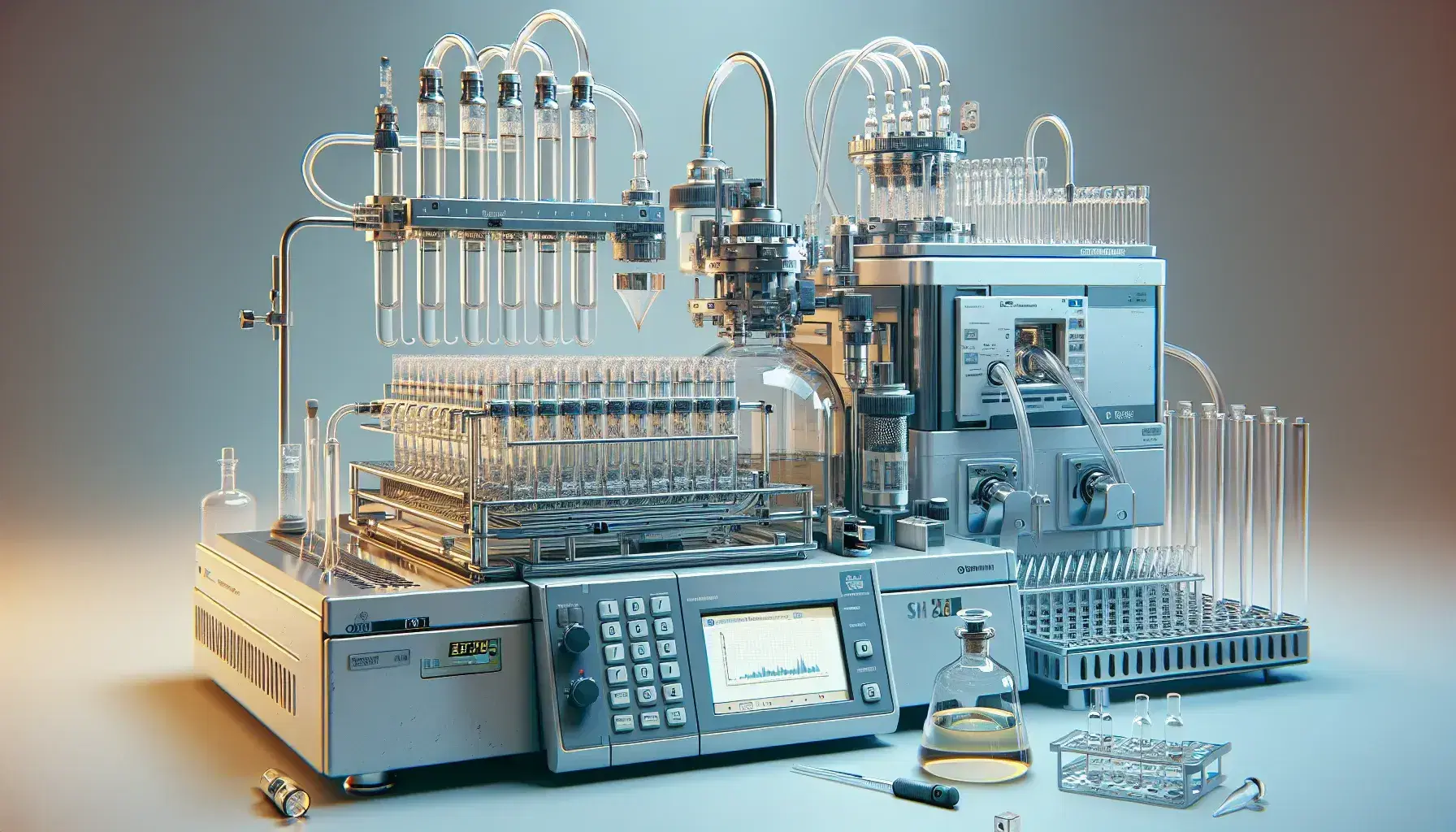 Laboratory with turned off HPLC equipment for amino acid separation, transparent tubes, ready yellowish vial, pipette and blurry glassware in the background.