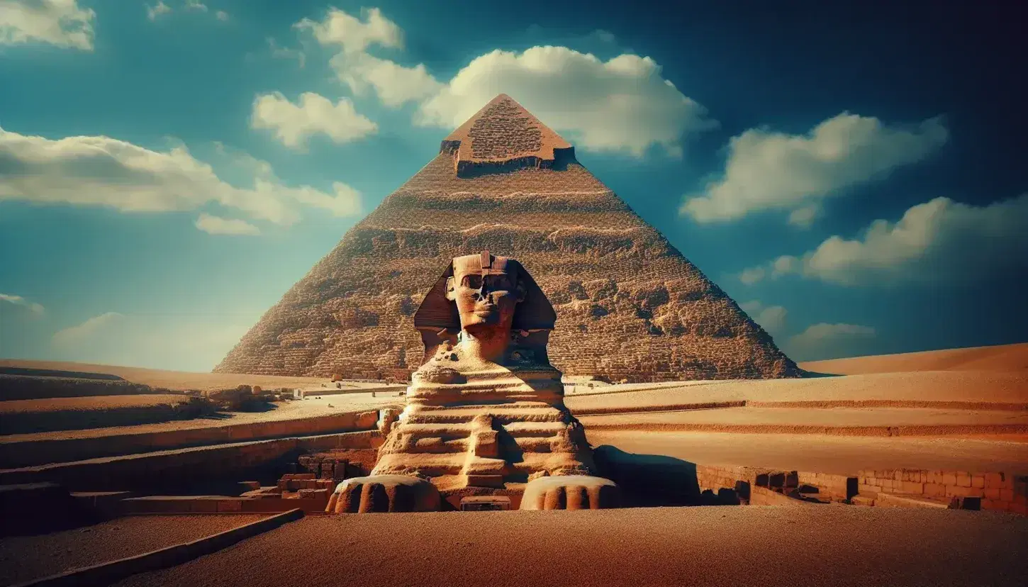 Pirámide de Giza con bloques de piedra caliza bajo cielo azul y nubes dispersas, junto a la esfinge mirando al frente, sin personas ni objetos modernos.