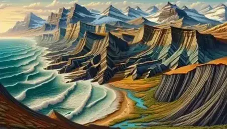 Natural landscape with layered cliffs, golden beach, meandering river, snow-capped mountains and blue sky with scattered clouds.