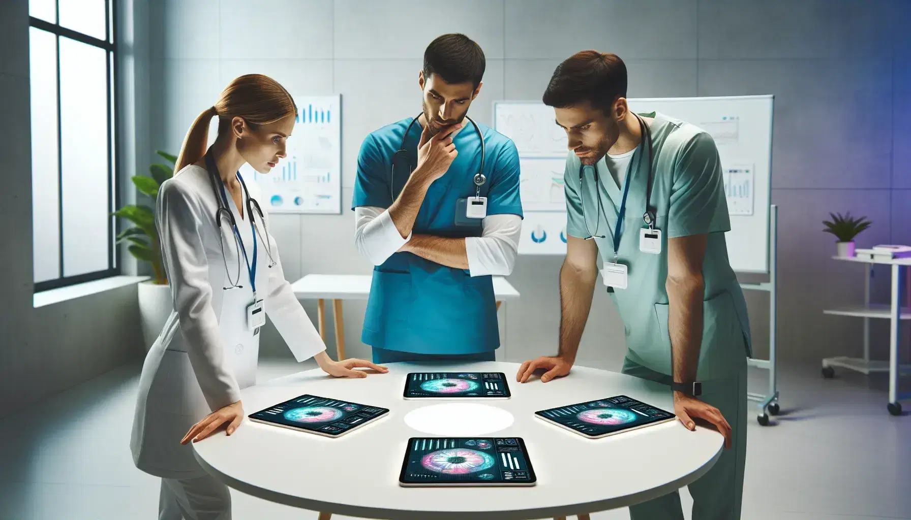 Equipo de enfermería colaborando en una discusión con tablets y papeles sobre una mesa redonda, vestidos con uniformes clínicos y credenciales.