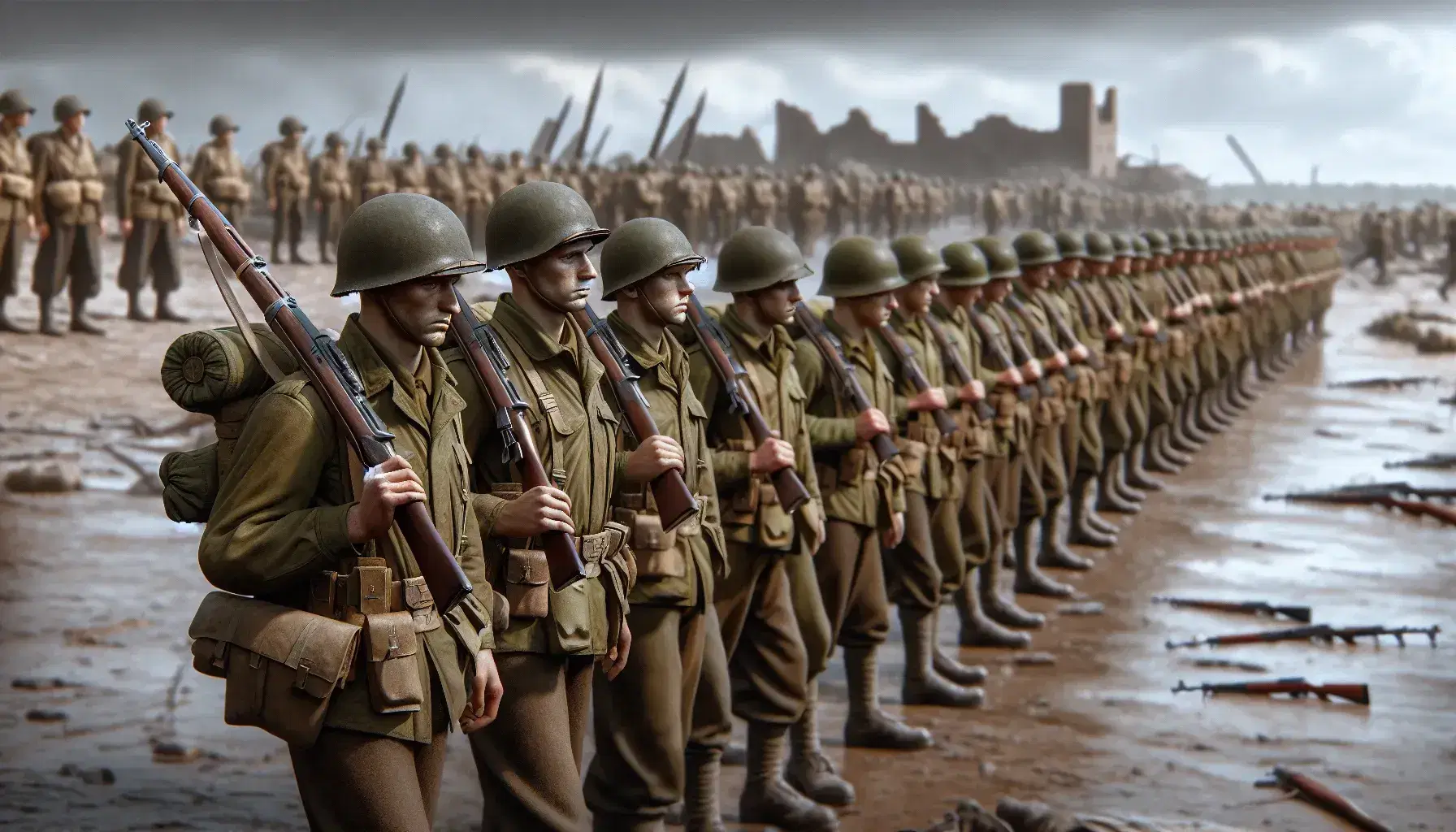 World War II soldiers marching in uniform with rifles, helmets casting shadows on their faces, against a backdrop of war-torn buildings and barren trees.