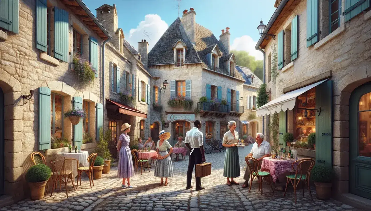 Rustic French village street with cobblestones, traditional houses with colorful shutters, locals chatting, café with checkered tablecloths, and a stone fountain.