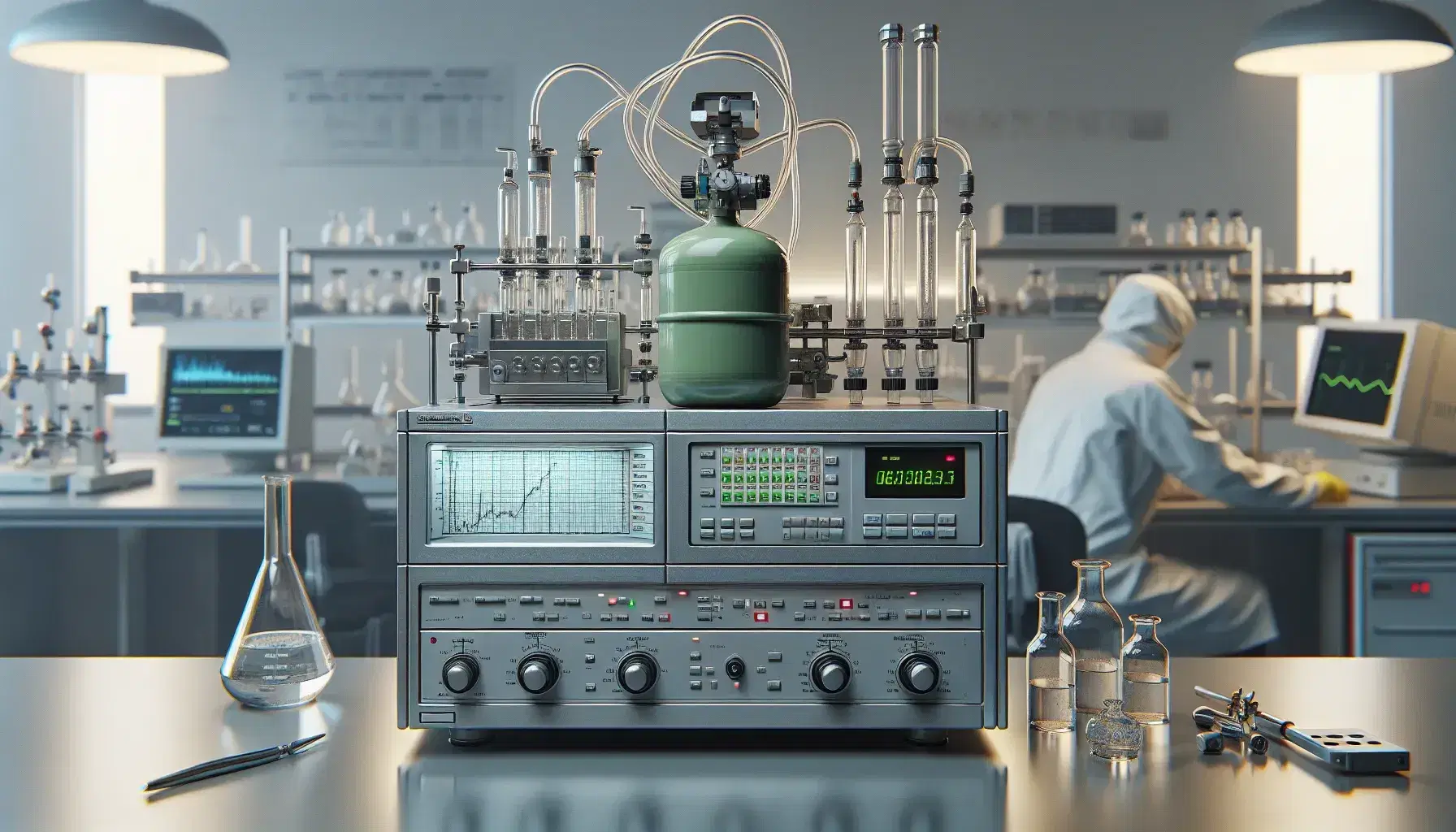 Cromatógrafo de gases en laboratorio con cilindro de gas verde conectado, frascos con líquidos y científico trabajando en equipo de análisis.