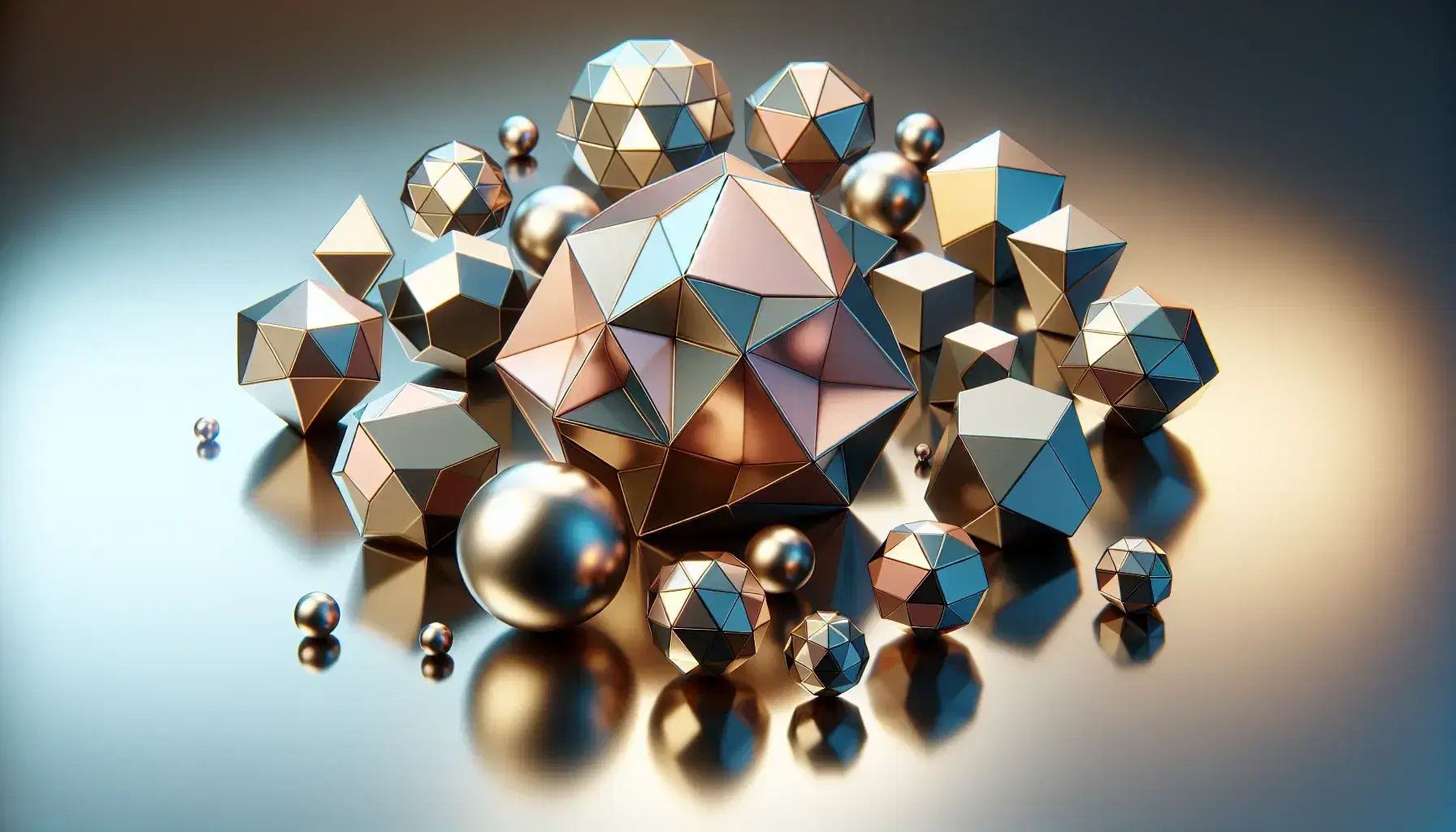Collection of reflective geometric shapes including a central gold dodecahedron, surrounded by smaller polyhedra on a gradient gray background.