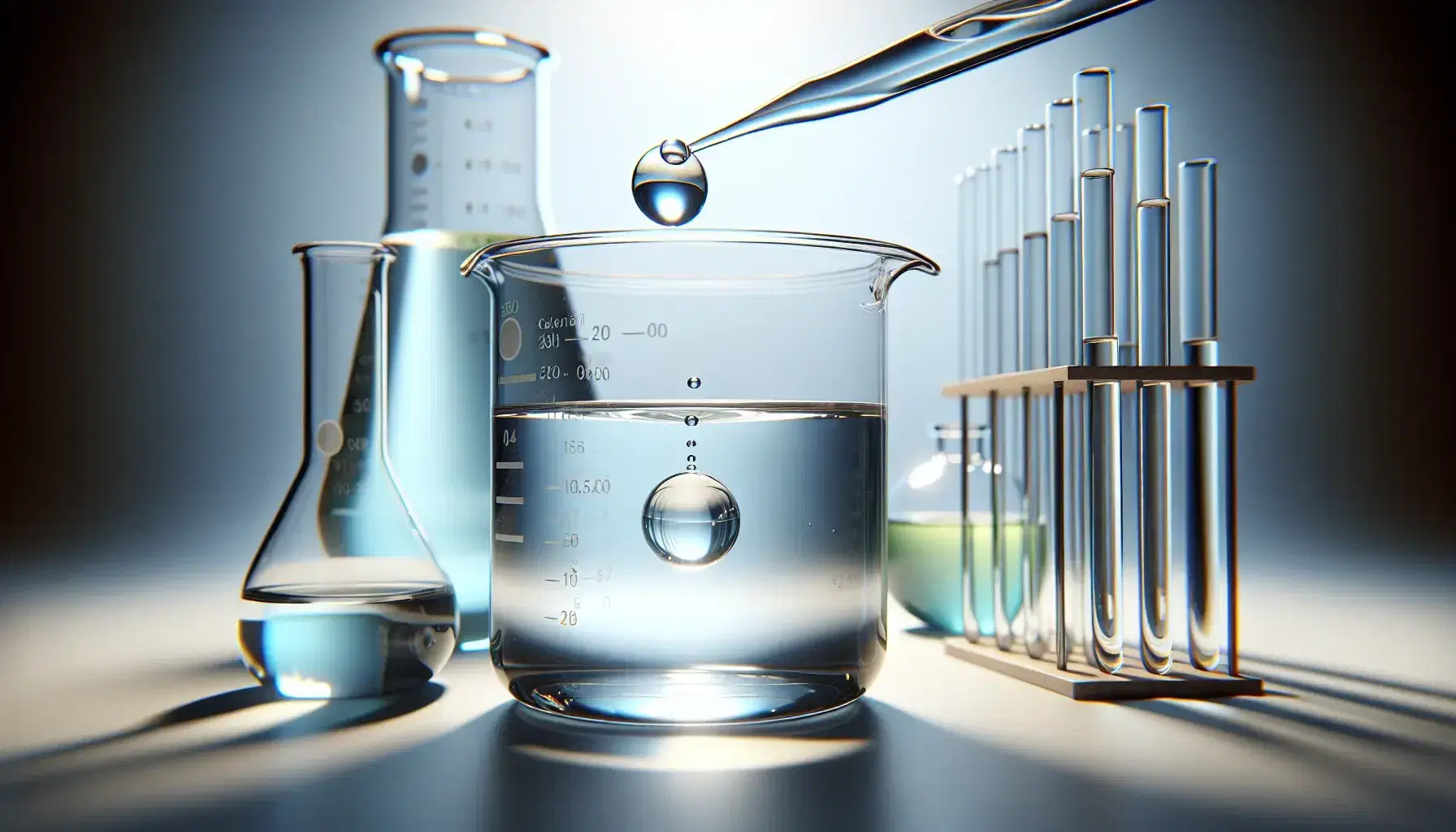 Glass beaker with colorless liquid and drop suspended from pipette, three test tubes with colored solutions in wooden rack and flask on blurred background.