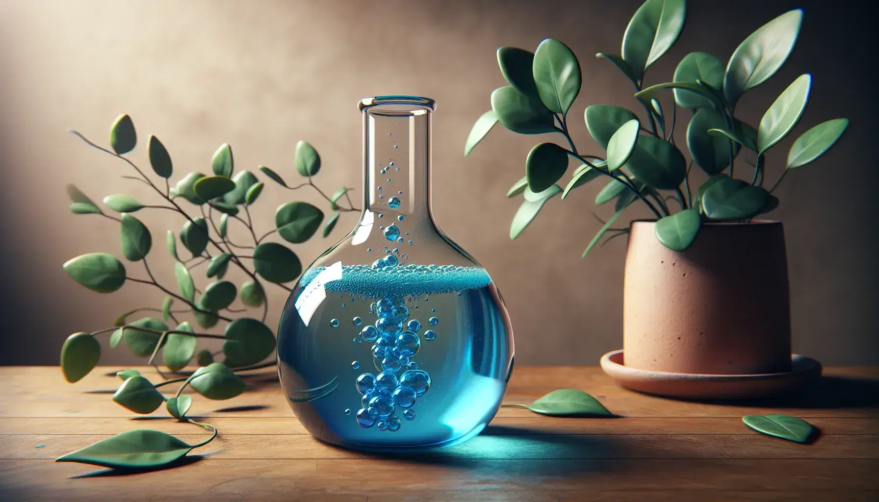 Glass flask with blue effervescent liquid on wooden table next to green plant in terracotta pot, blurred beige background.