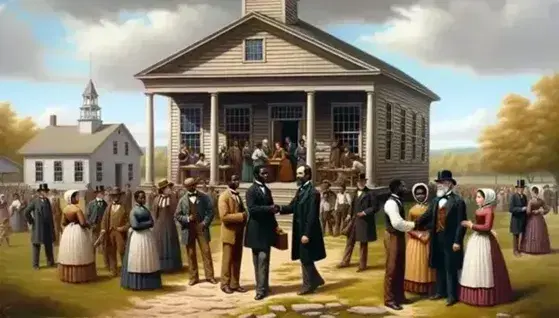 Historical scene from the end of the 19th century: African Americans in front of the school, white man shaking hands, children playing, government building in the background.