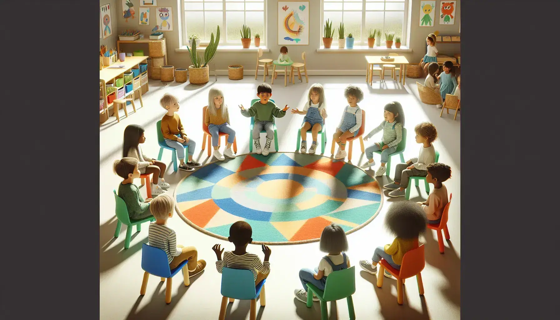 Niños diversos sentados en círculo en aula luminosa participando en actividad de comunicación, con sillas de colores y alfombra geométrica central.