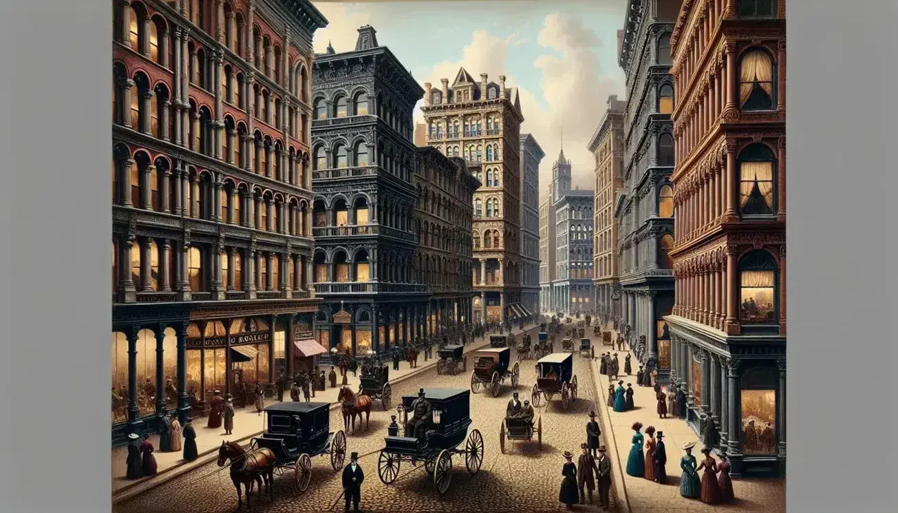 Late 19th-century city street bustling with horse-drawn carriages, early automobiles, ornate buildings, and pedestrians in period attire under a clear blue sky.