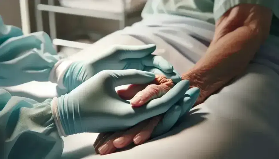 Manos enguantadas de enfermera sujetando con cuidado la mano de un paciente anciano sobre fondo blanco, transmitiendo atención y calidez.