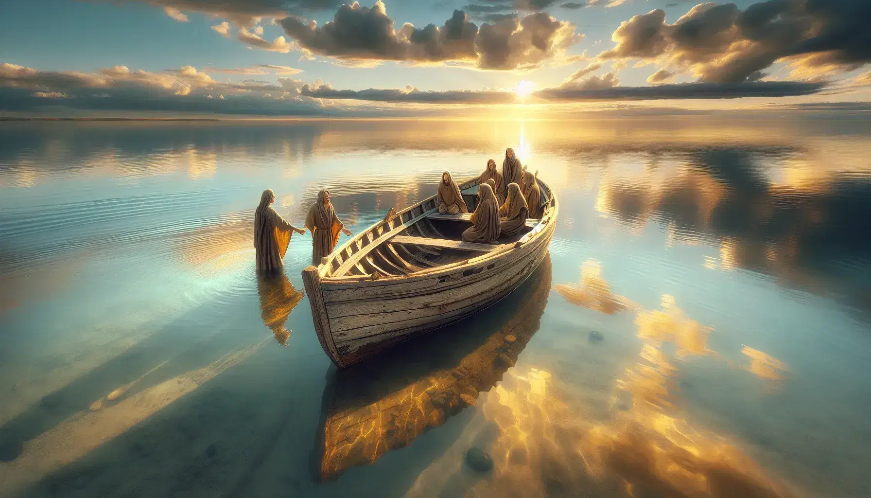 Barca de madera antigua en aguas tranquilas con tres personas, una ayudando a otra a subir, bajo un cielo azul con reflejos dorados y costa al fondo.