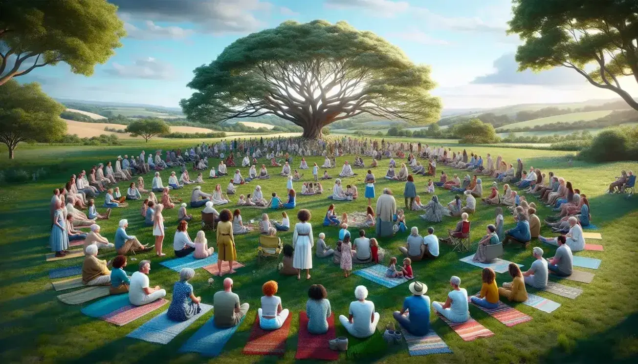 Gruppo eterogeneo di persone in cerchio all'aperto sotto un albero, con bambini che giocano e adulti in conversazione su coperte colorate, paesaggio collinare sullo sfondo.