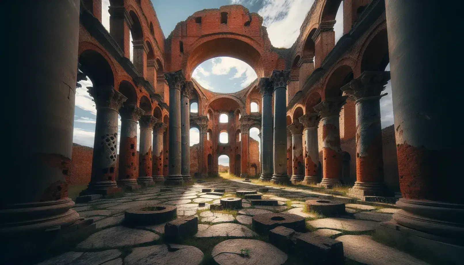 Interni di una struttura architettonica in rovina con colonne cilindriche in mattoni rossi, archi semicircolari e pareti con nicchie, sotto un cielo azzurro.