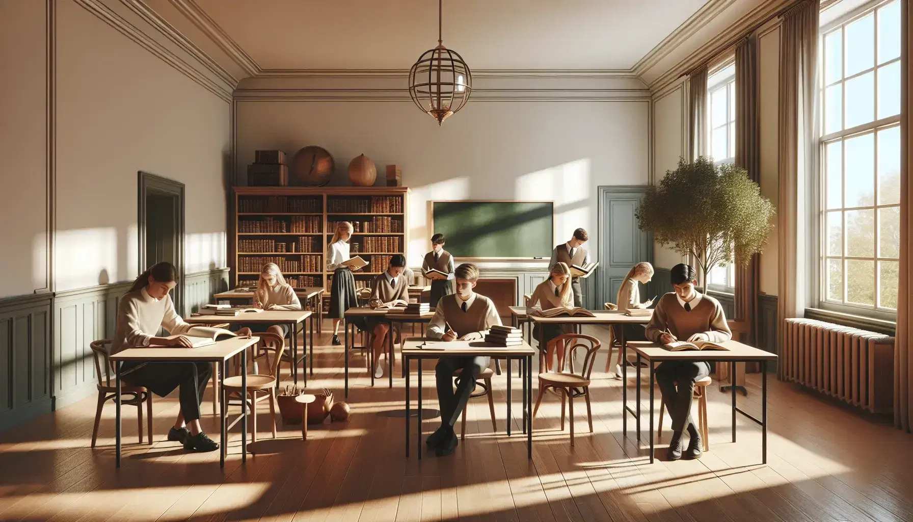 Aula luminosa con studenti concentrati sui libri intorno a un grande tavolo in legno, finestra sul lato sinistro e libreria in legno a destra.