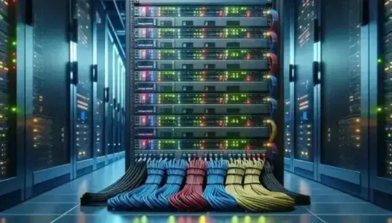 Centro de datos con servidores en rack iluminados por luces LED azules y verdes, cables de colores organizados y suelos de baldosas grises.