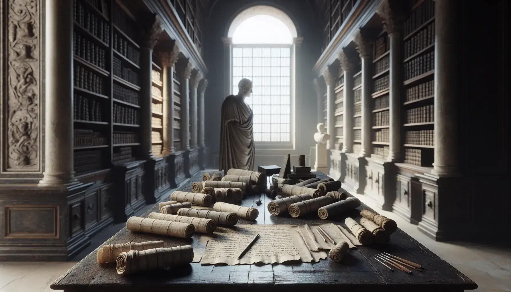 Biblioteca romana antica con tavolo in legno, rotoli di papiro, tavolette di cera e statua marmorea di filosofo, illuminata da luce naturale.