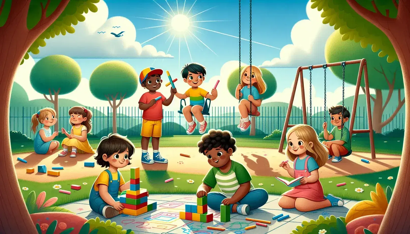 Niños diversos jugando en un parque al aire libre, con un niño construyendo una torre de bloques y una niña dibujando con tizas, mientras otros se balancean y leen en la hierba.