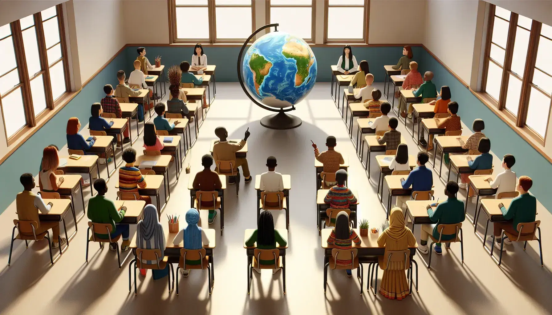 Diverse group of students in a classroom engaging with a world globe, highlighting cultural exchange and geography education in a bright, natural-lit setting.