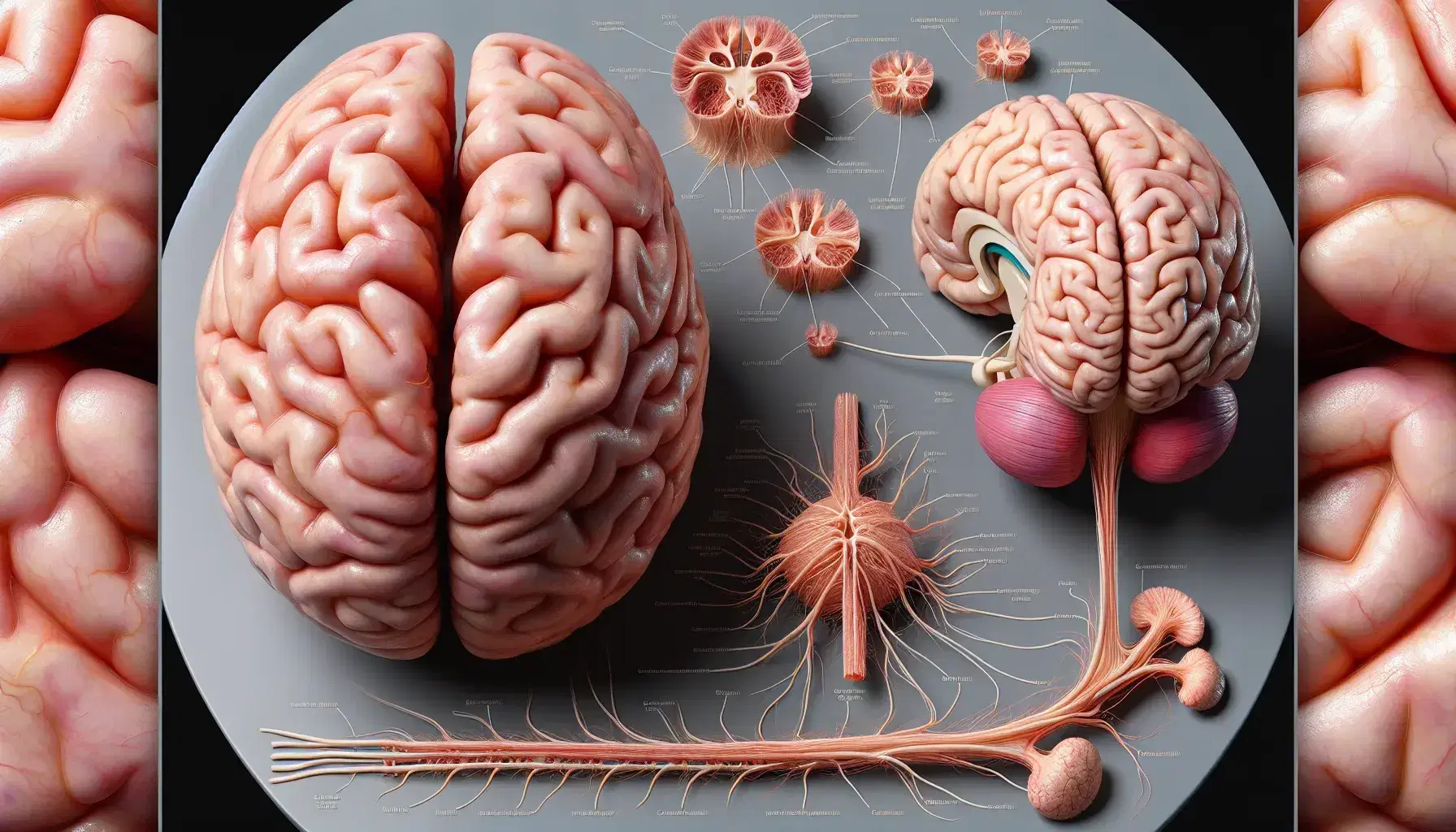 Vista superior de un cerebro humano realista con hemisferios, surcos y giros, conectado a un sistema nervioso periférico y autónomo con órganos estilizados.