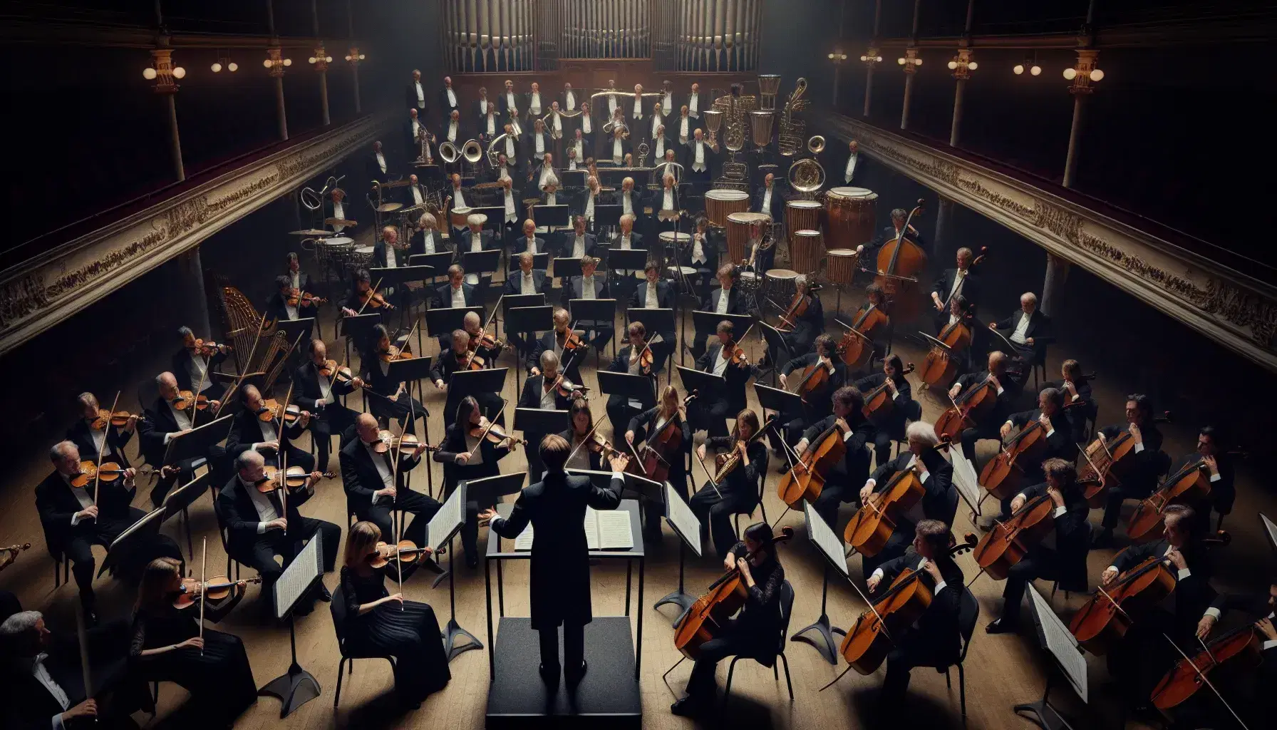 Orchestra sinfonica in esecuzione con direttore al centro, musicisti con strumenti a corda, fiati e percussioni in sala concerti illuminata.