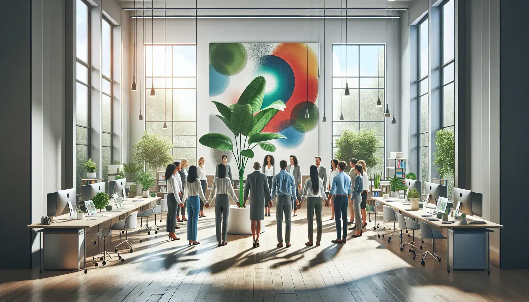Grupo diverso de profesionales en círculo alrededor de una planta en oficina moderna con luz natural, arte abstracto y mobiliario ergonómico.