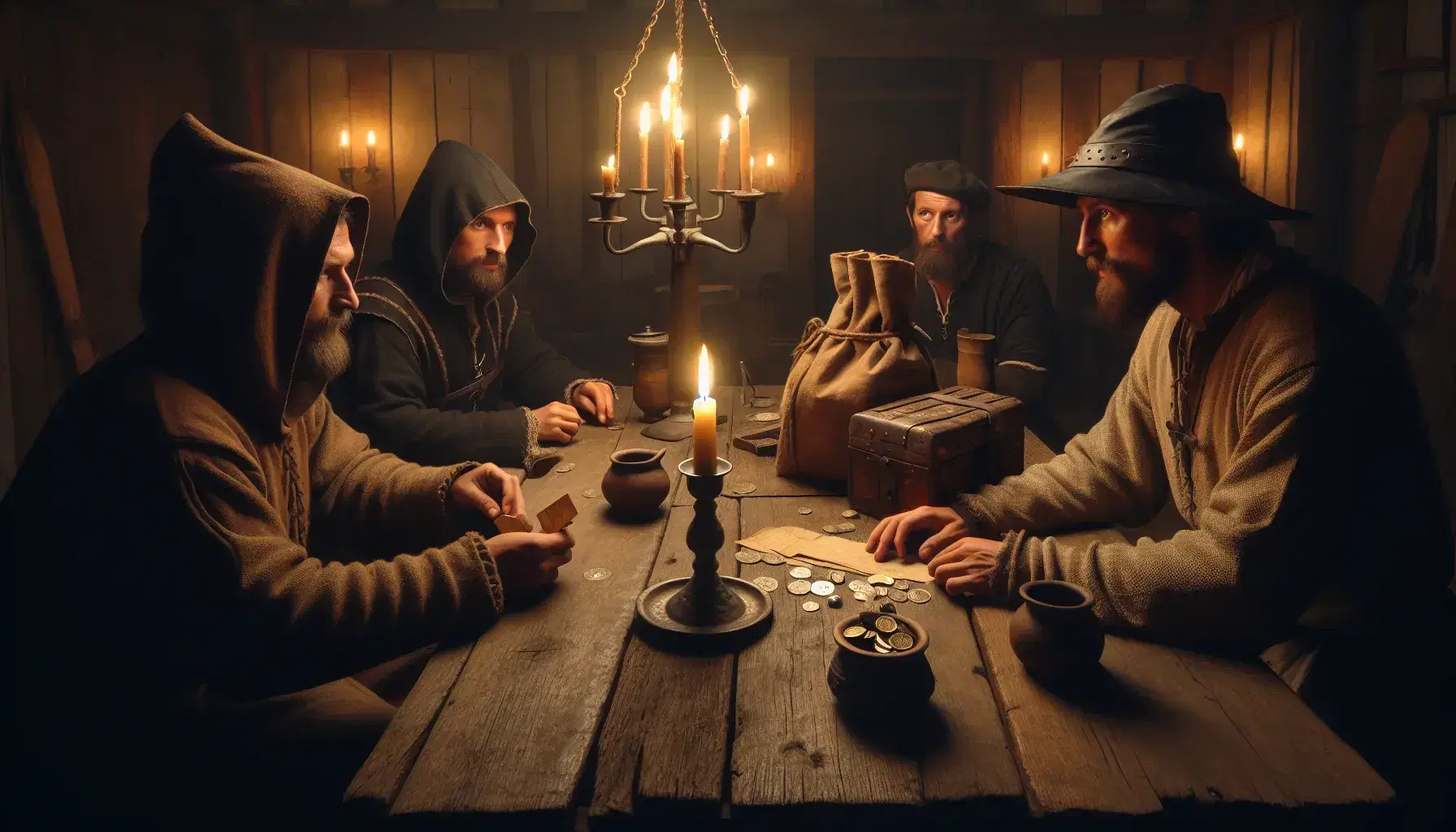 Three men in medieval attire engage in intense discussion around a tavern table with a candle, gold coins, dice, and drinks, set against a stone-walled backdrop.