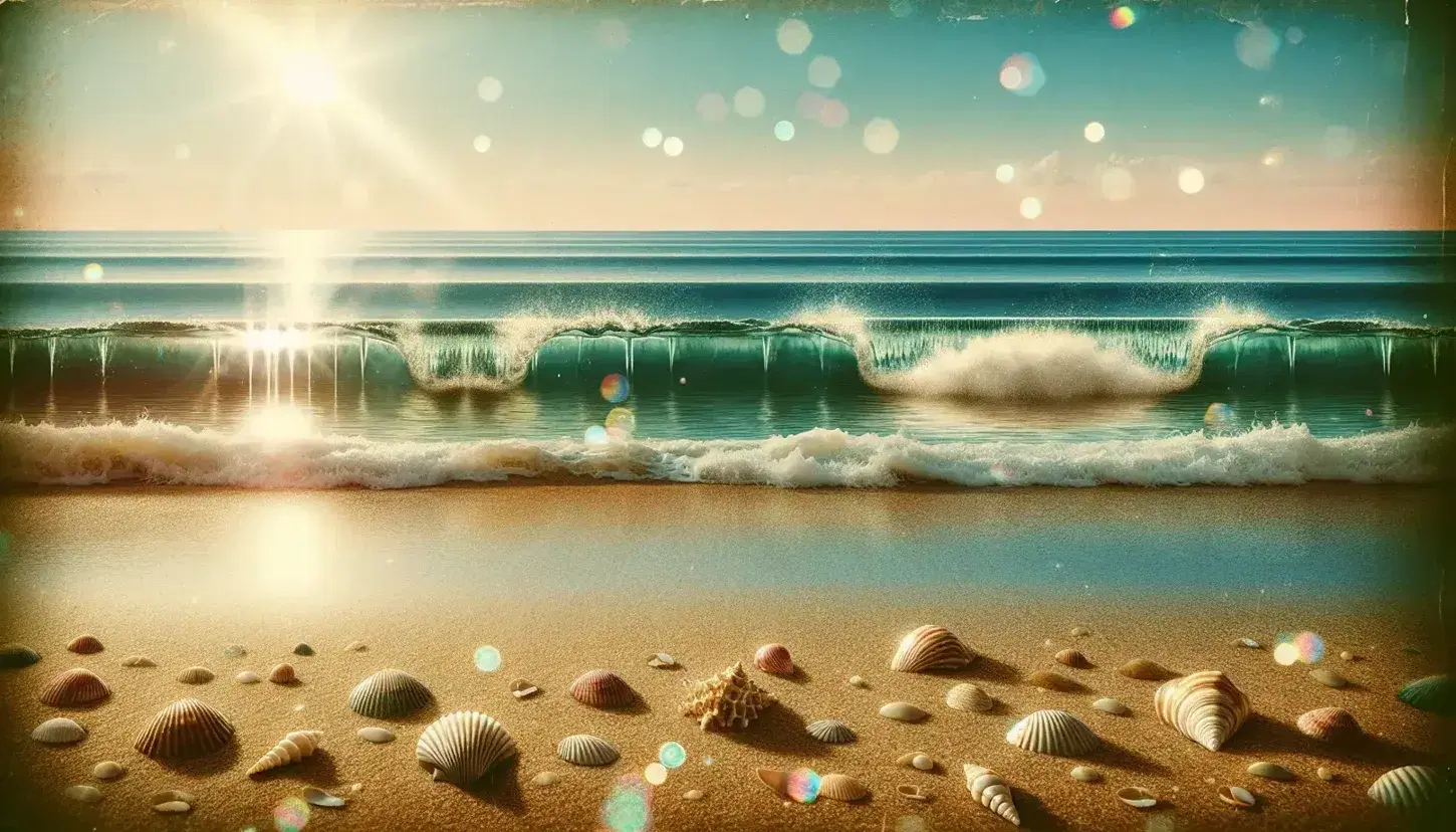 Serene beach scene with gentle waves, a clear sky, an individual contemplating the sea, and seagulls in flight over the shimmering water.