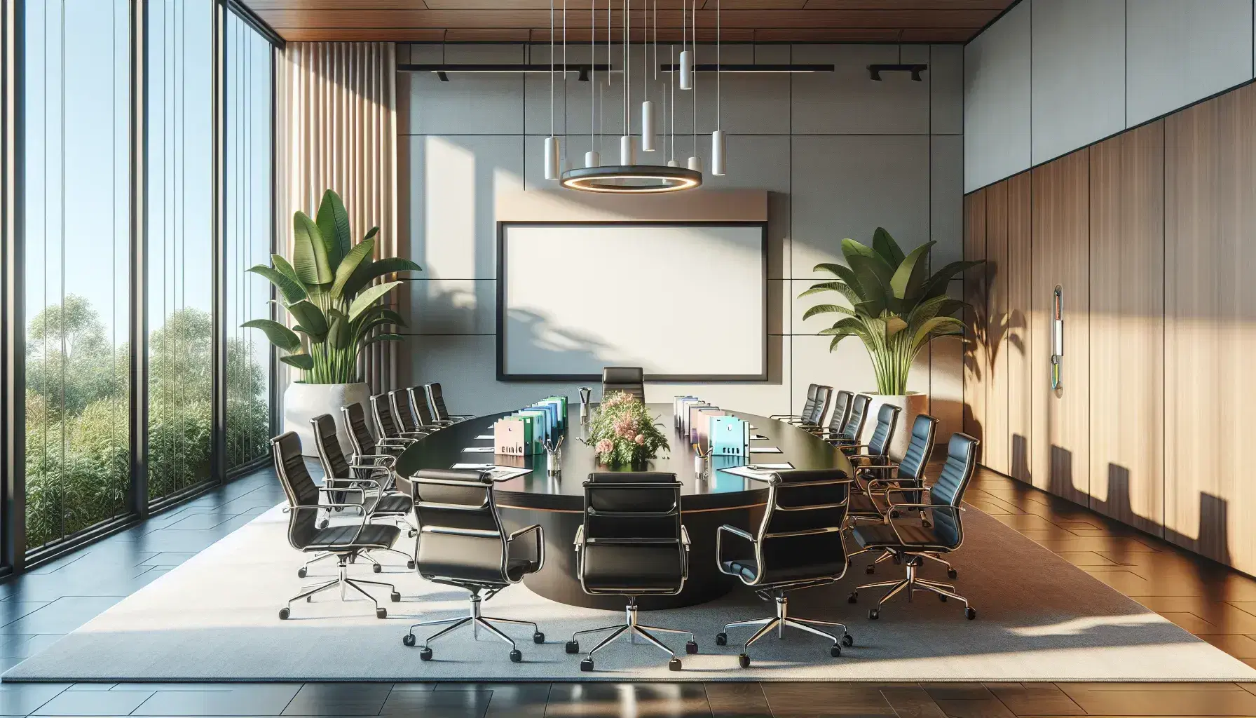 Sala de juntas espaciosa con mesa ovalada de madera oscura, sillas de cuero negro, planta interior, ventana grande y pizarra blanca.
