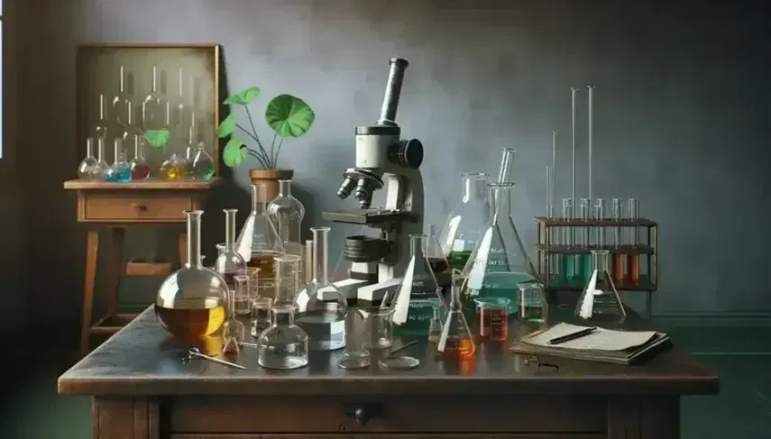 Messy laboratory with wooden table, test tubes full of colored liquids, microscope, green plant and hanging lab coat.