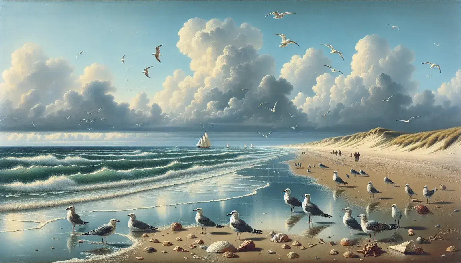 Panorama di spiaggia con conchiglie sulla sabbia umida, gabbiani, dune con vegetazione e barca a vela in lontananza sotto cielo nuvoloso.
