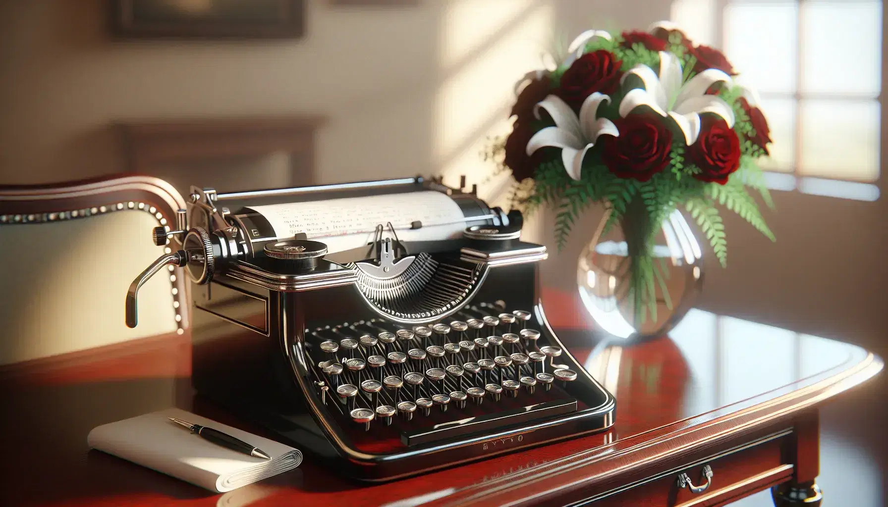 Vintage typewriter with round keys on a mahogany desk beside a vase of red roses and white lilies, warm interior background.