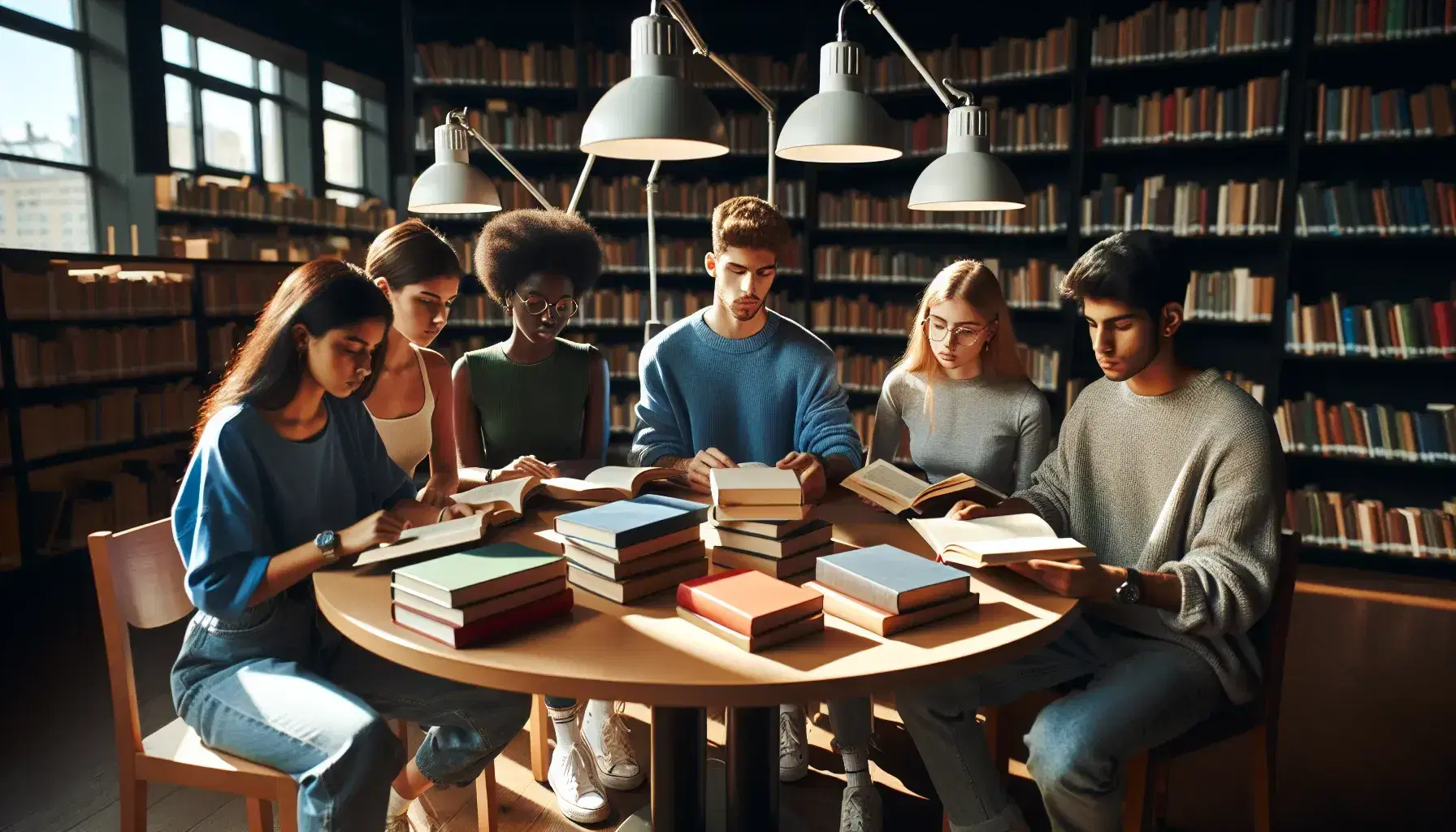 Grupo diverso de cinco estudiantes estudiando en biblioteca, sentados alrededor de una mesa redonda con libros, bajo luz natural y lámparas de lectura.