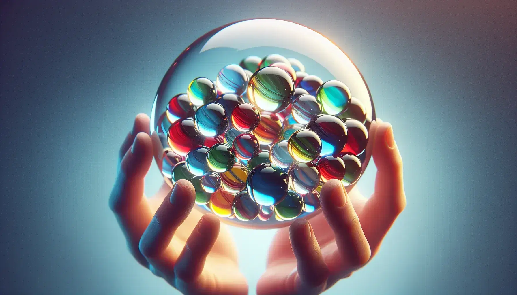 Close-up of hands holding a transparent glass sphere with colorful marbles suspended, on light blue-white blurred background.