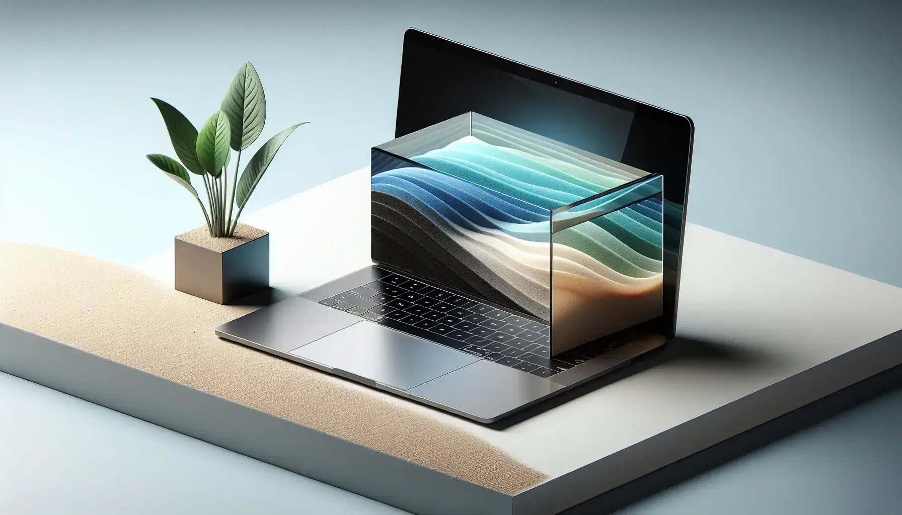 Modern silver laptop on white desk with glass cube filled with colored sand and green plant on the left, light gradient background.