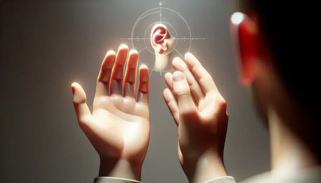 Manos humanas frente a frente en gesto de escucha con un oído al fondo, destacando la comunicación no verbal en tonos neutros y suaves.