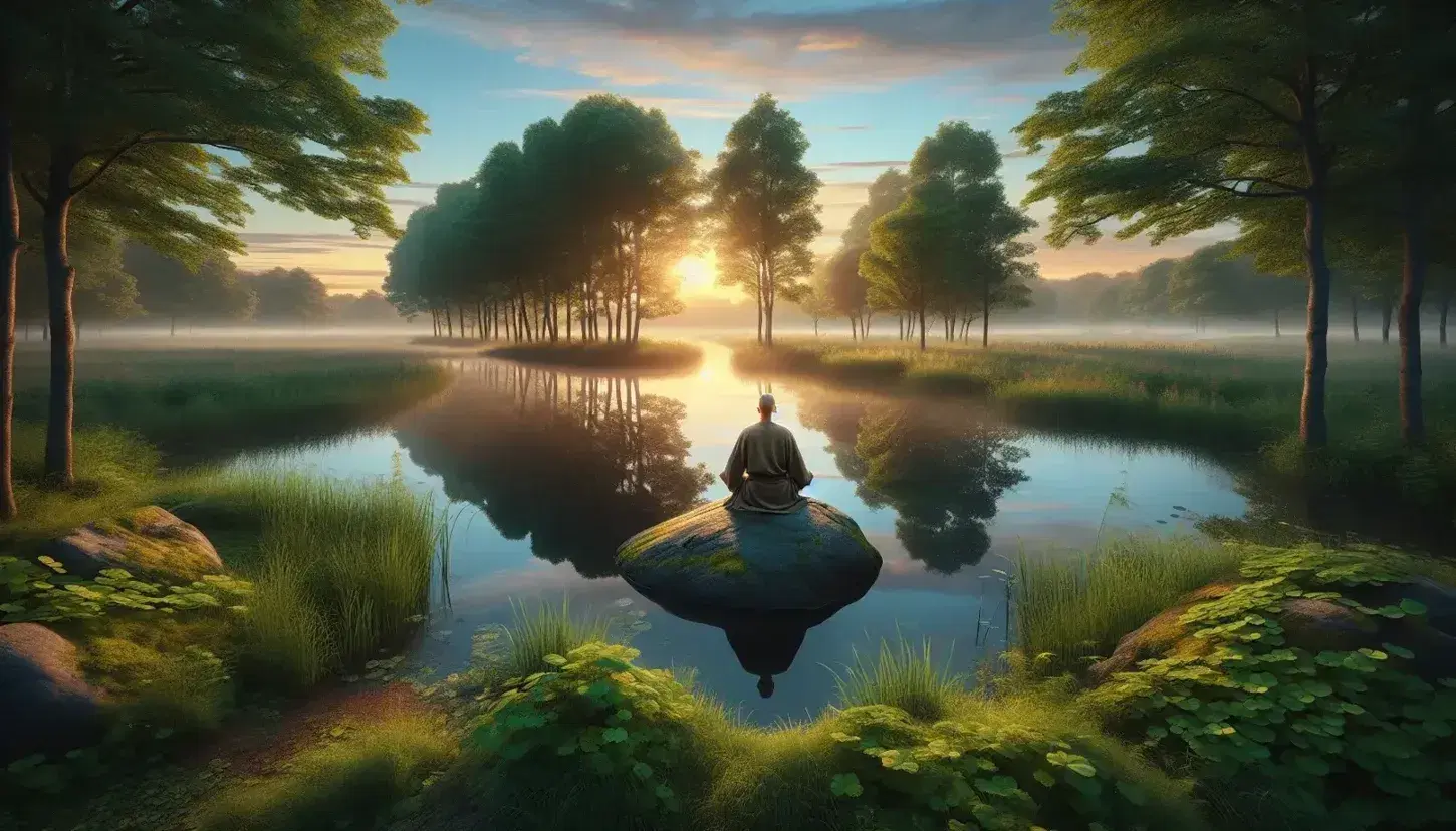 Serene dawn landscape with a reflective lake, a meditating figure on a rock, dense green forest, and a warm sunrise with a gradient sky.
