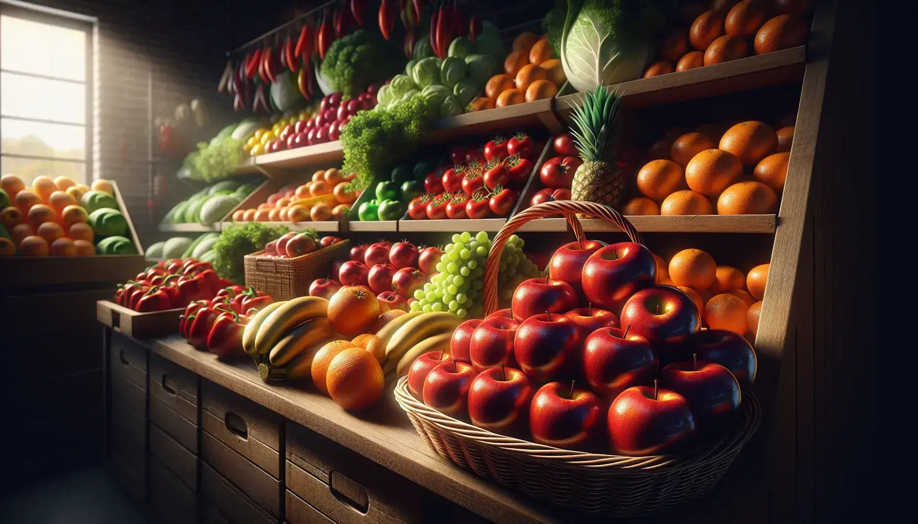 Variedad de frutas y verduras frescas en estantes de mercado, con manzanas rojas en primer plano, naranjas, uvas, plátanos, pimientos y lechugas al fondo.