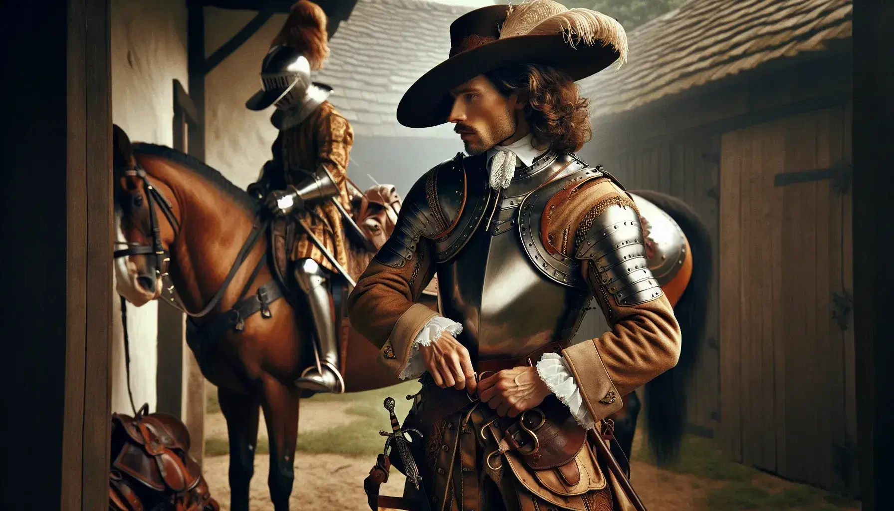 17th-century English cavalier in period attire securing a steel breastplate, holding a helmet, with a chestnut horse by a manor at dawn.