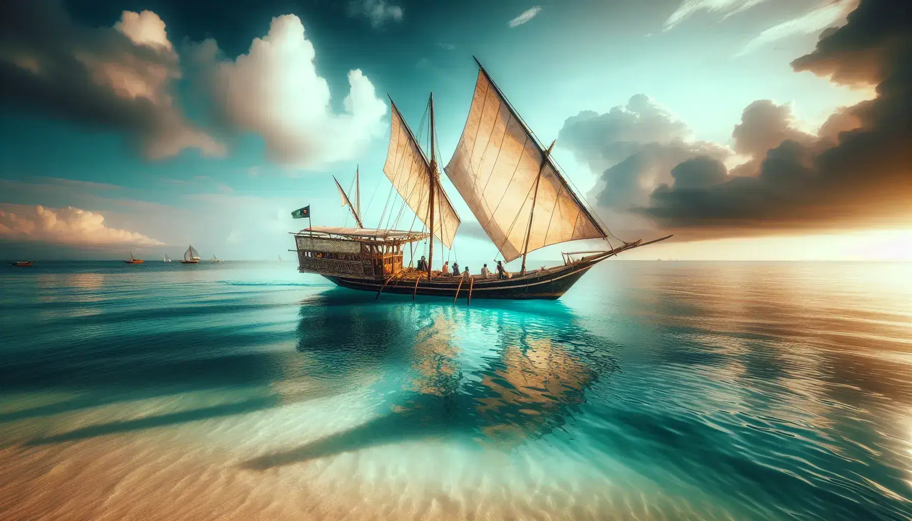 Traditional dhow boat with sails glides on the Indian Ocean near Zanzibar's coast, with a sunset reflecting on calm waters and Stone Town in the distance.