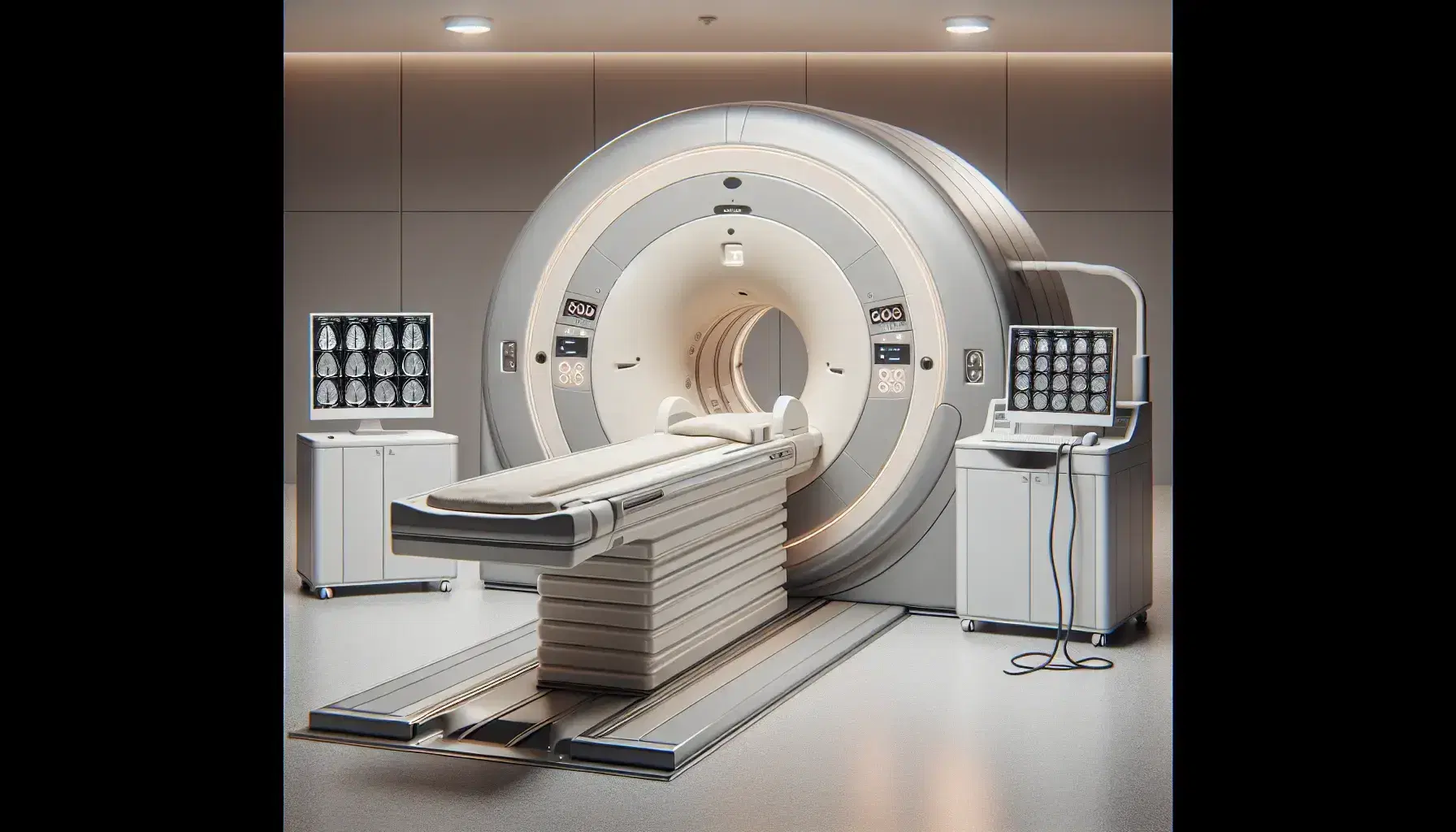 Máquina de resonancia magnética con camilla en sala médica y monitor mostrando secciones cerebrales.