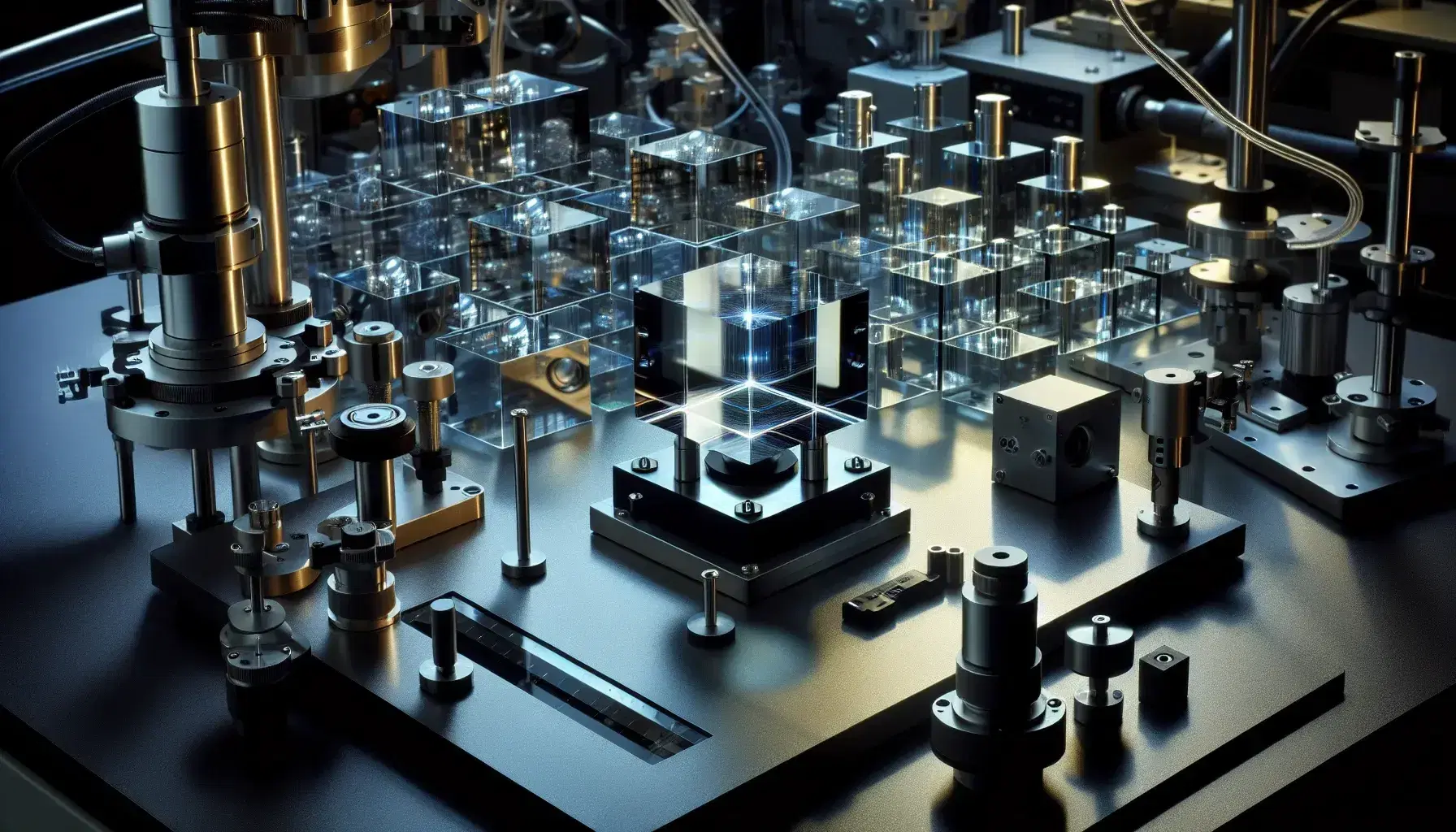 Quantum optics laboratory with optical table, reflecting mirrors, beam splitters, transparent cube, lenses and photo detector.