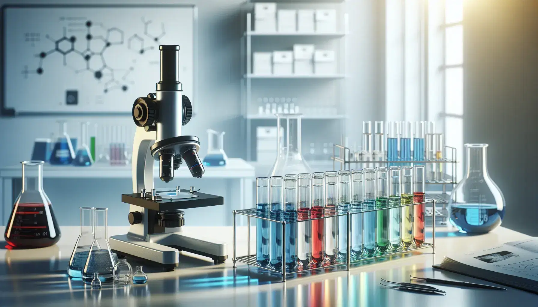 Laboratorio de investigación con tubos de ensayo de colores en soporte metálico y microscopio moderno, junto a estantería con material de laboratorio y pizarra blanca al fondo.