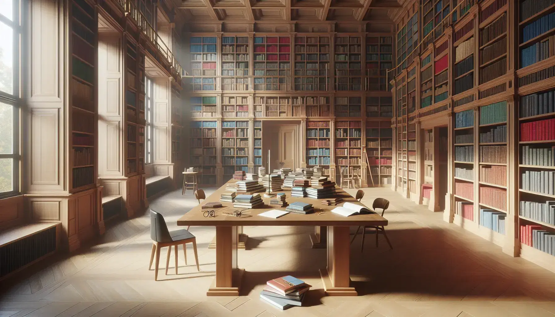 Biblioteca espaciosa con estanterías de madera llenas de libros, mesa central con libros abiertos, lupa y regla, y silla con cojín rojo bajo luz natural.