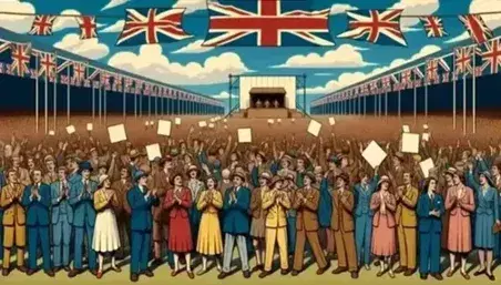 Diverse crowd at an outdoor event, clapping and holding blank signs near a stage with banners, under a clear sky with a partial Union Jack visible.