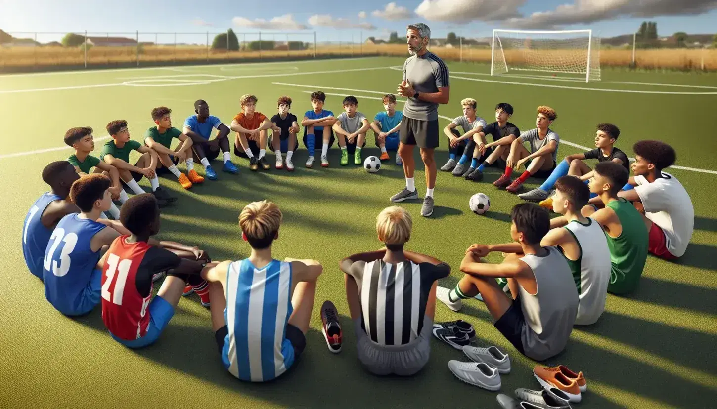 Grupo de jóvenes atletas escuchando a su entrenador en un campo de fútbol, con cielo azul y árboles al fondo.