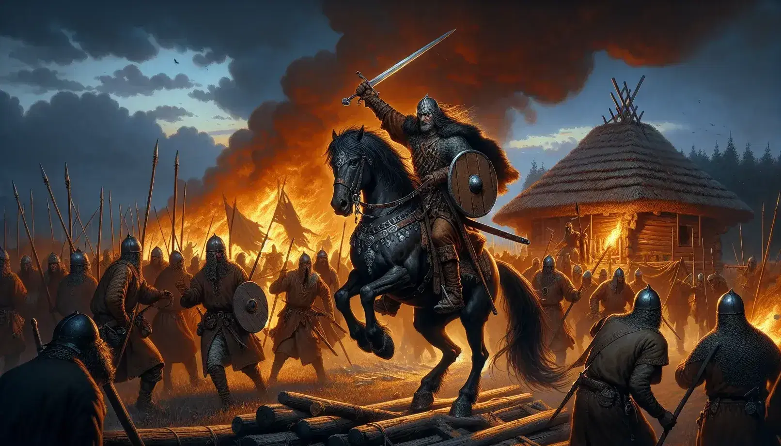 Historical raiders on horseback with swords and shields amid a raid, thatched roofs ablaze in twilight, loot loaded onto a cart in a field.