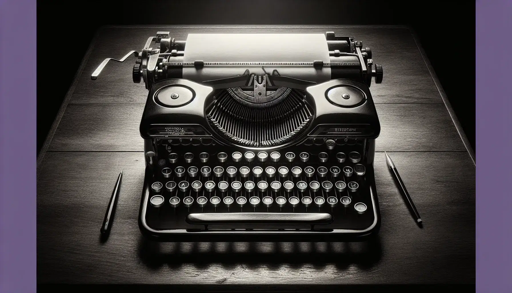 Vintage black-and-white typewriter on a wooden desk with round keys, a platen, and a carriage return lever, accompanied by a stack of blank paper.