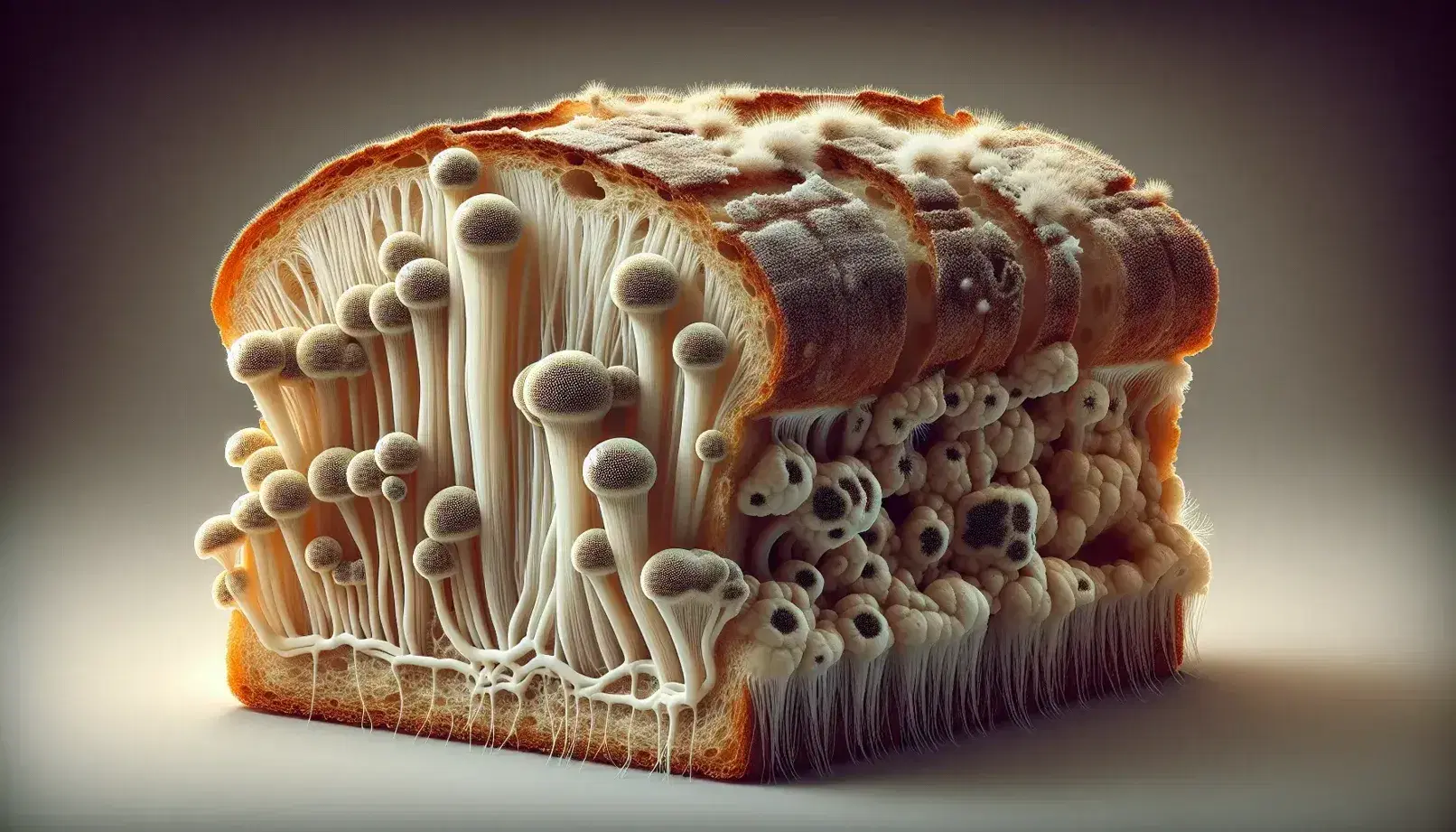 Close-up view of white Rhizopus fungus mycelium and black sporangia on a golden-brown bread slice, showcasing the contrast and texture.